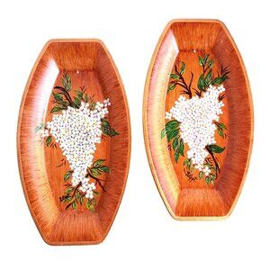 Vintage Hand-Painted Wood Look Trays Floral Design Set Of 2 11"x6" Signed